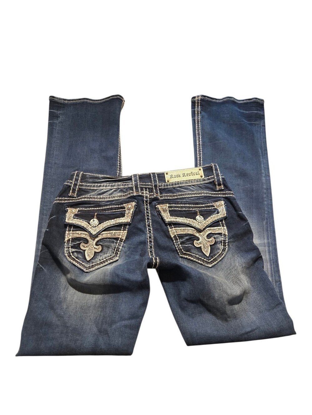Rock Revival Stephanie Dark Blue Wash Boot Jeans with Embroidered Back Pockets